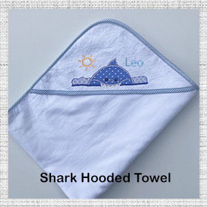 Image of Embroidered Shark blue trim hooded bath towel